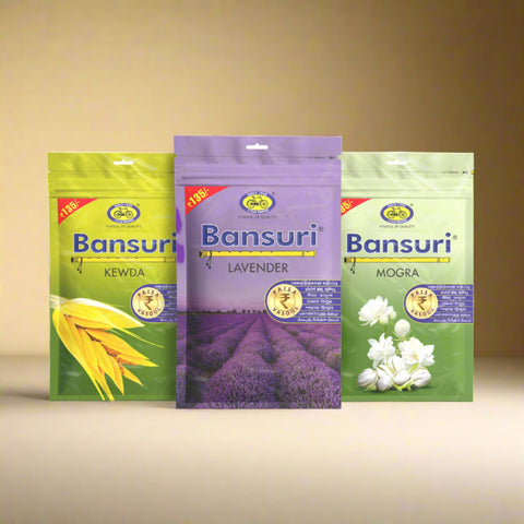 Bansuri Agarbatti Combo Pack of 3 - Kewda, Lavender, Mogra Natural Fragrance (250gm per pack)