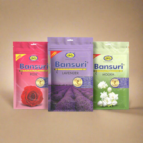 Bansuri Agarbatti Combo Pack of 3 - Rose, Lavender, Mogra (250 gm per pack)