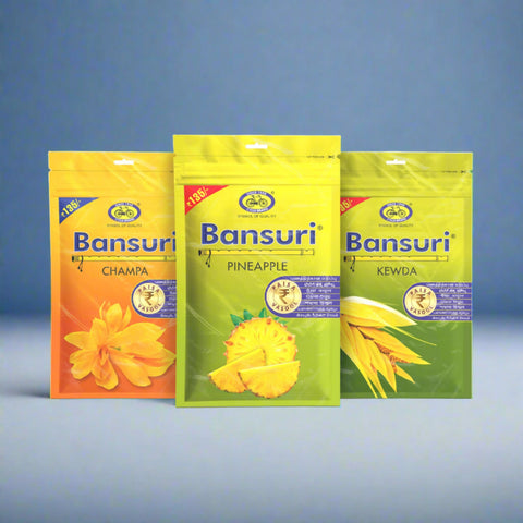 Bansuri Agarbatti Combo Pack of 3 - Pineapple, Champa, Kewda (250gm per pack)