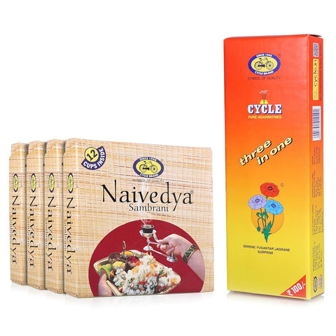 Cycle Pure Naivedya Sambrani Cups (48 pcs) + Three in One Agarbatti (202 GM, 1 Pack)