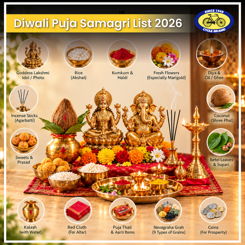  Lakshmi and Ganesha idols on a chowki with kalash, diyas, flowers and kumkum arranged as Diwali puja samagri