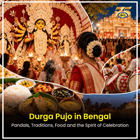 Durga Puja pandal in Kolkata featuring an elaborately decorated idol of Goddess Durga during Bengal's annual festival.