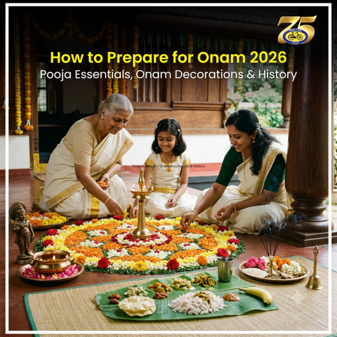 Onam festival celebration with traditional decorations, pookalam, and puja essentials