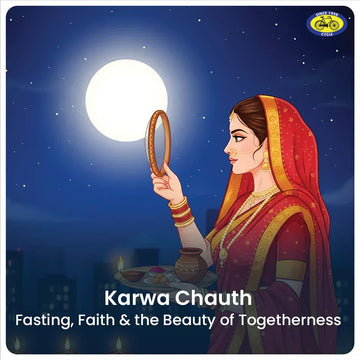 Illustration of a woman in a red sari viewing the full moon through a sieve during Karwa Chauth
