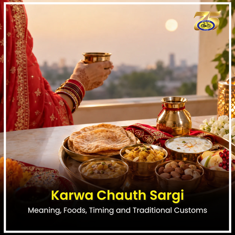 Karwa Chauth sargi thali with fruits, dry fruits, mathri, sweets and milk, ready for the pre-dawn meal