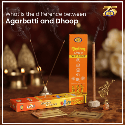 Agarbatti and dhoop sticks placed on a pooja thali with incense smoke