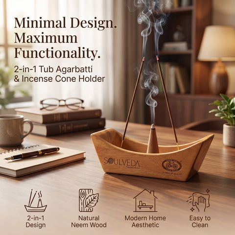 Tub Design Wooden Incense Holder & Ash Catcher | Neem Wood Agarbatti Stand | Heat Resistant & Easy to Clean | Perfect for Pooja, Meditation & Home Décor