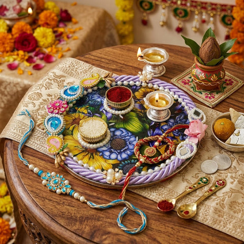 Vibrant Floral Design Rakhi Puja Thali