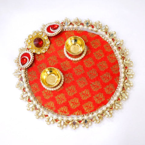 Mirror Lace Regal Red Brocade Rakhi Puja Thali
