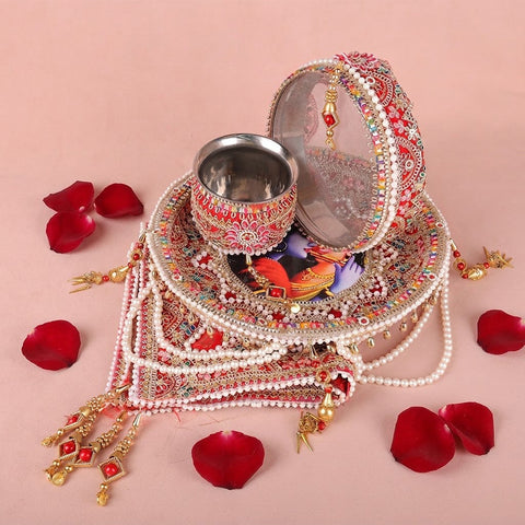 11 Pc Elegant Red Embroidery Karwa Chauth Thali Set