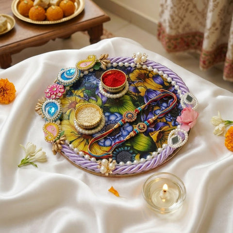 Vibrant Floral Design Rakhi Puja Thali