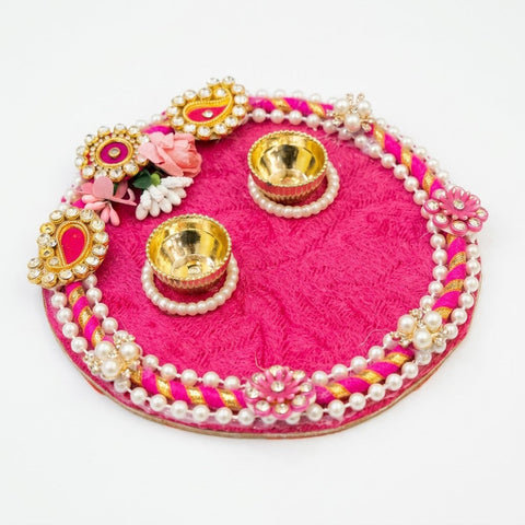 Royal Pink Velvet Puja Rakhi Thali with Pearl Borders
