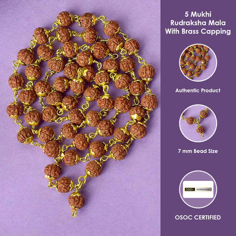 5 Mukhi Brass Capping Natural Rudraksha Mala 100% Original & Certified