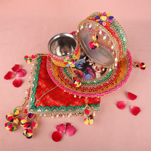 11 Pc Vibrant Red Radha Krishna Designer Karwa Chauth Thali Set