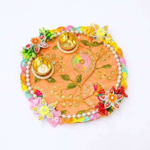 Exquisite Peach Embroidered Silk Rakhi Puja Thali