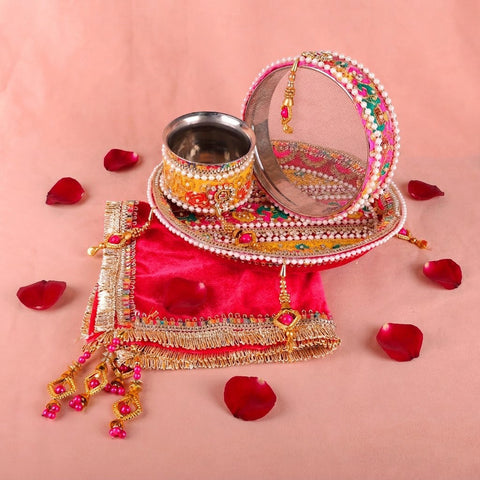 11 Pc Deep Pink Embroidery Karwa Chauth Thali Set