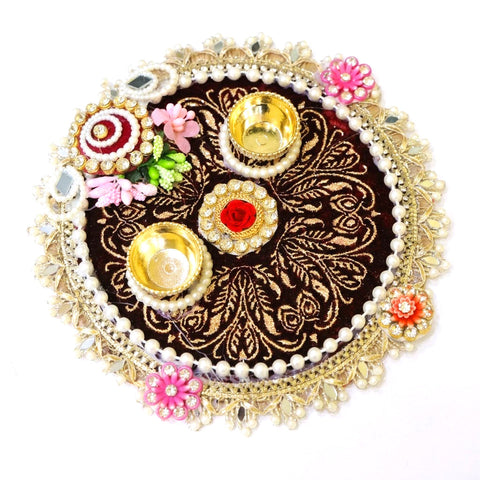 Luxurious Maroon Velvet Embroidered Rakhi Puja Thali
