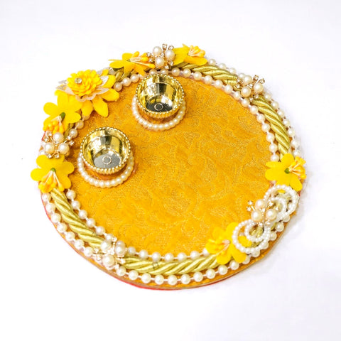 Elegant Yellow Floral Accents Puja Rakhi Thali