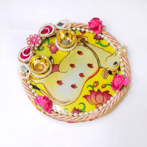 Divine Kamdhenu Cow Printed Rakhi Puja Thali