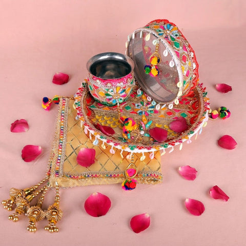 11 Pc Golden Criss Cross Peacock Designer Karwa Chauth Thali Set