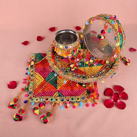 11 Pc Multicolor Thread Work Karwa Chauth Thali Set