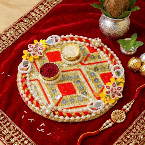 Vibrant Red And Gold Rakhi Puja Platter Thali