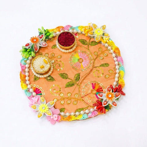 Exquisite Peach Embroidered Silk Rakhi Puja Thali