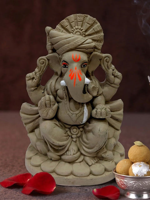 6 Inch Vibrant Eco-Friendly Ganesha Idol with Lotus Base Turban
