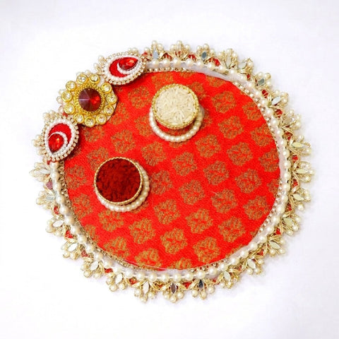 Mirror Lace Regal Red Brocade Rakhi Puja Thali