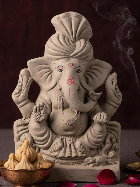 8 Inch Natural Clay Eco Friendly Ganesha Idol