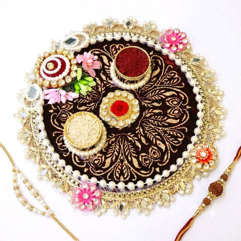 Luxurious Maroon Velvet Embroidered Rakhi Puja Thali