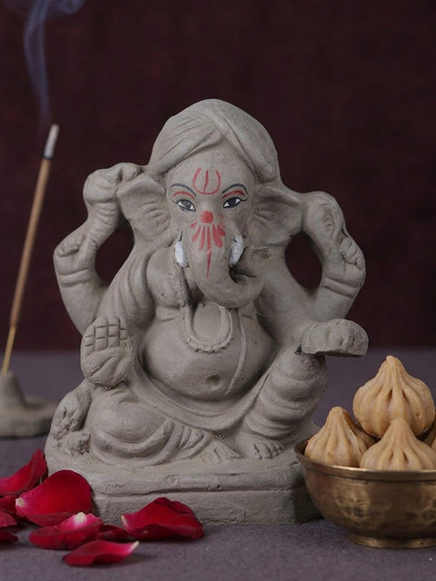 6 Inch Eco Friendly Natural Clay Ganesha Idol in Blessing Pose