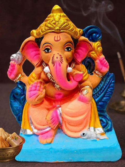 6 Inch Vibrant Eco-Friendly Ganesha Idol with Antique Golden Mukut