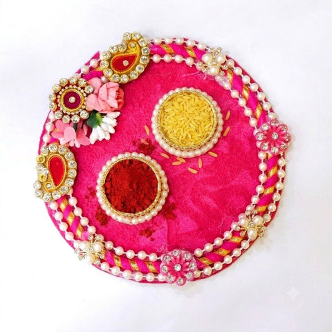 Royal Pink Velvet Puja Rakhi Thali with Pearl Borders