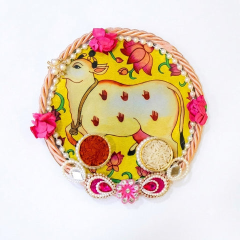 Divine Kamdhenu Cow Printed Rakhi Puja Thali