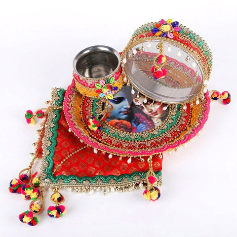 11 Pc Vibrant Red Radha Krishna Designer Karwa Chauth Thali Set