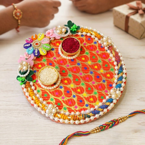 Vibrant Multicolor Brocade Rakhi Puja Thali