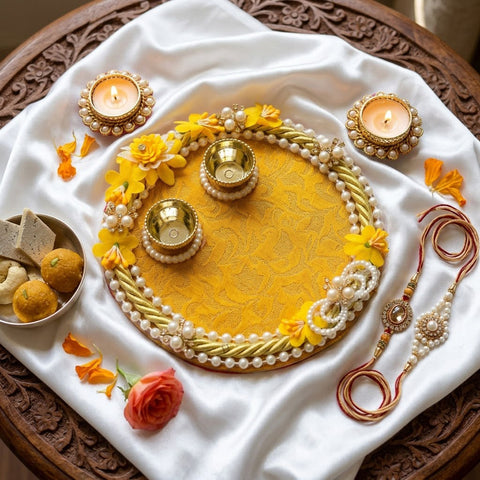 Elegant Yellow Floral Accents Puja Rakhi Thali