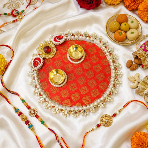 Mirror Lace Regal Red Brocade Rakhi Puja Thali