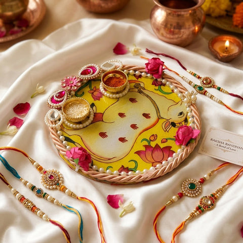 Divine Kamdhenu Cow Printed Rakhi Puja Thali