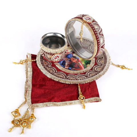 11 Pc Maroon Embroidery Karwa Chauth Thali Set