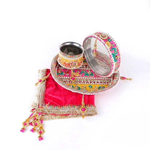11 Pc Deep Pink Embroidery Karwa Chauth Thali Set