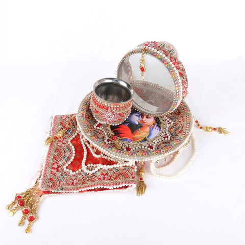 11 Pc Elegant Red Embroidery Karwa Chauth Thali Set