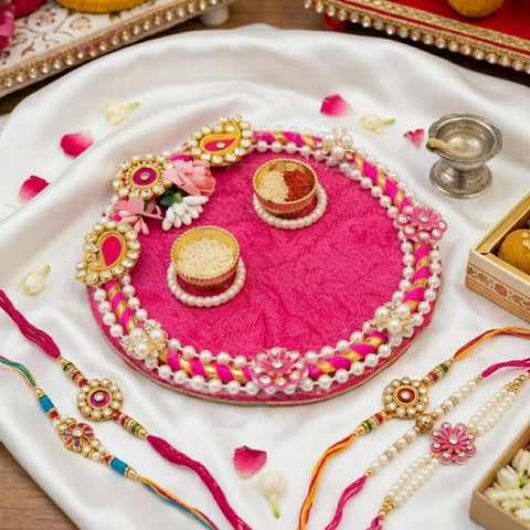 Royal Pink Velvet Puja Rakhi Thali with Pearl Borders