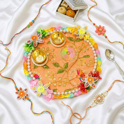 Exquisite Peach Embroidered Silk Rakhi Puja Thali