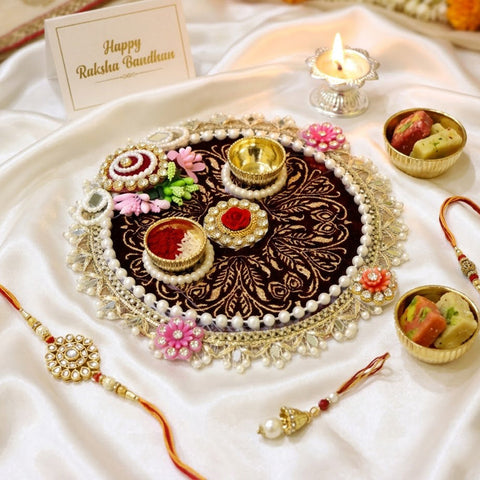 Luxurious Maroon Velvet Embroidered Rakhi Puja Thali