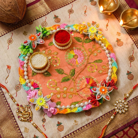 Exquisite Peach Embroidered Silk Rakhi Puja Thali