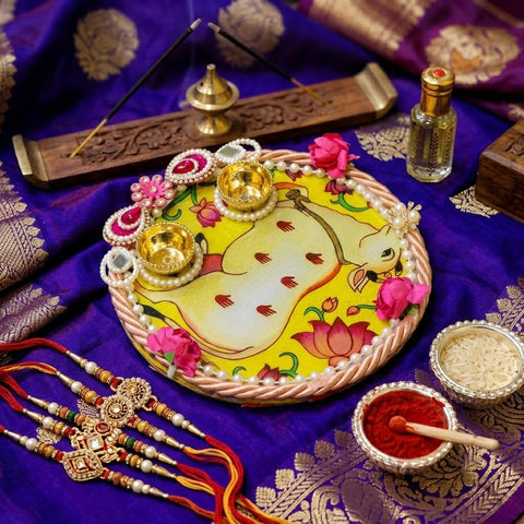 Divine Kamdhenu Cow Printed Rakhi Puja Thali