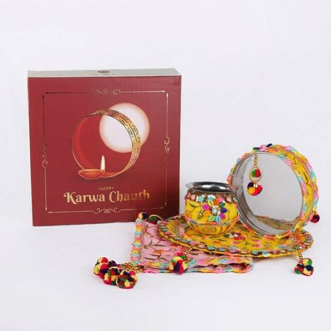 11 Pc Elegant Yellow & Pink Embroidery Karwa Chauth Thali Set
