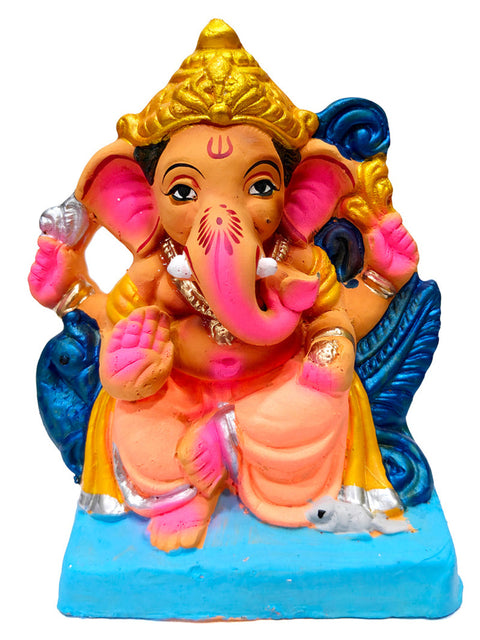 6 Inch Vibrant Eco-Friendly Ganesha Idol with Antique Golden Mukut